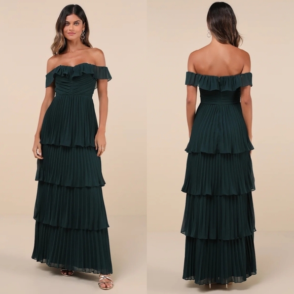 Lulus Always Remarkable Emerald Pleated Off-the-Shoulder Maxi Dress Wedding - Picture 1 of 8